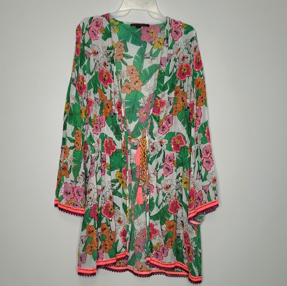 Boston Proper Cabana Tropics Print Flare Sleeve Duster Multicolored cover-up med